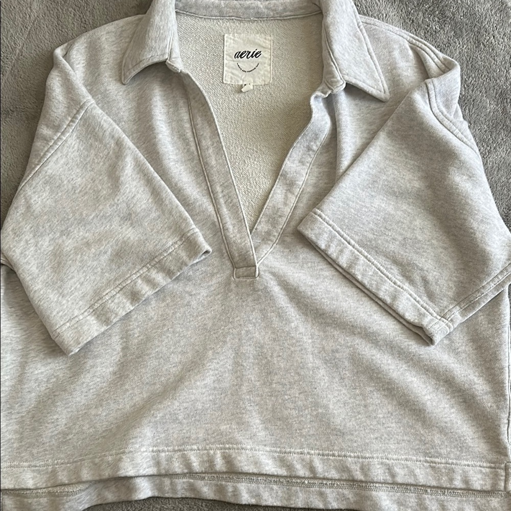 Aerie Gray Sweatshirt Top with Polo Collar